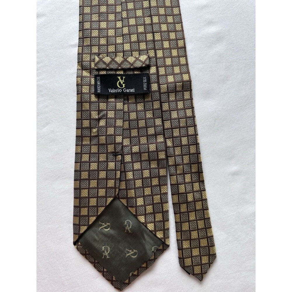 Valerio Garati Handmade Pure Silk Designer Tie Brown Gold Black Geometric